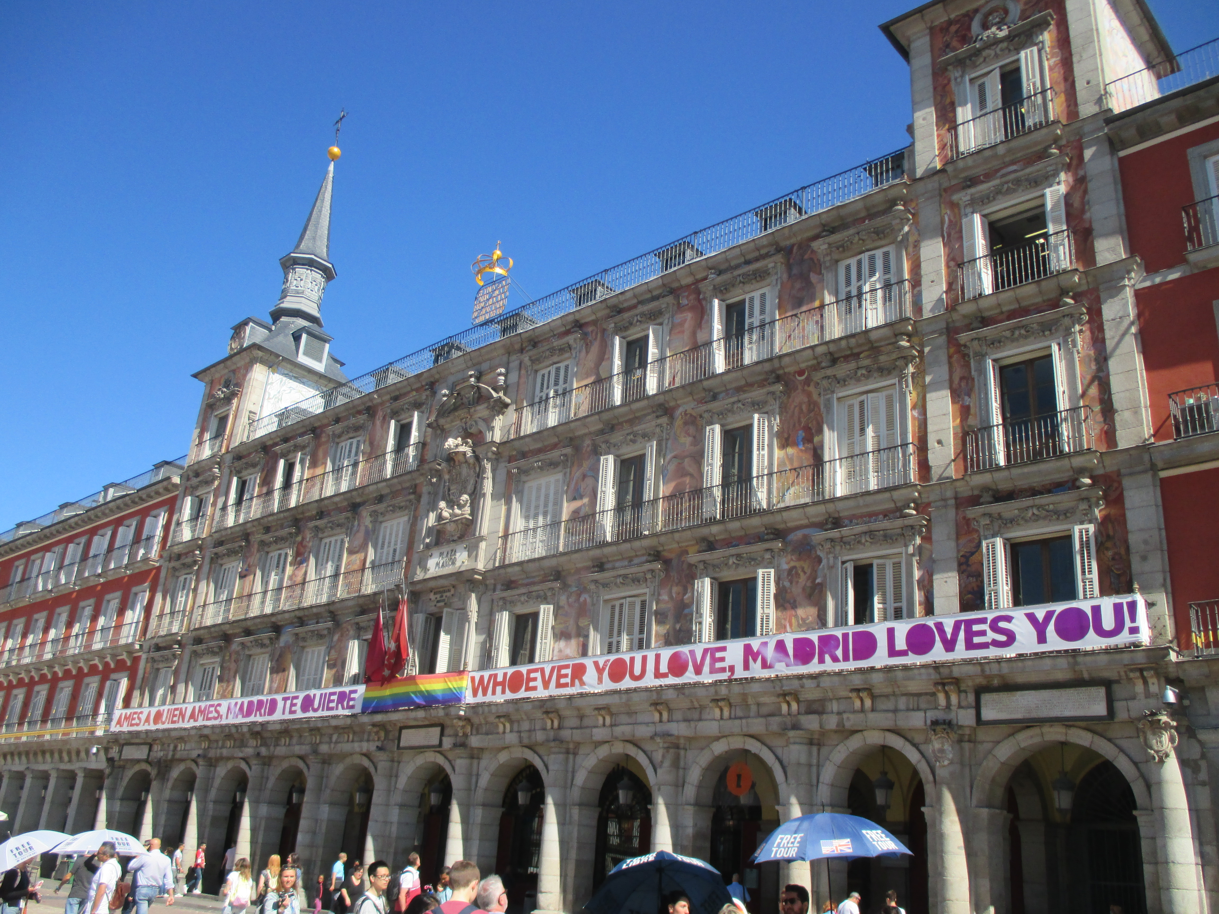 Madrid’s historic Plaza Mayor, celebrating its 400th birthday this year, is also celebrating Pride with the city’s slogan, Whoever you love, Madrid Loves you.
