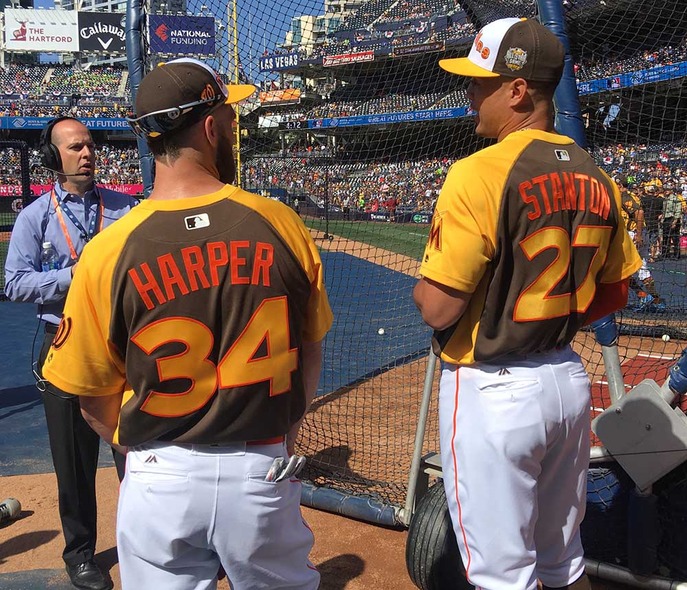 Bryce Harper and Giancarlo Stanton chat before the T-Mobile #HRDerby.