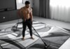 Shirtless man vacuuming a large patterned rug in a modern living room.