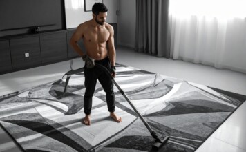 Shirtless man vacuuming a large patterned rug in a modern living room.