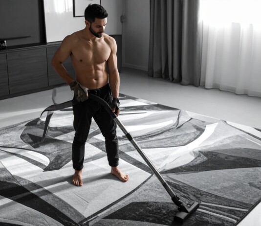 Shirtless man vacuuming a large patterned rug in a modern living room.