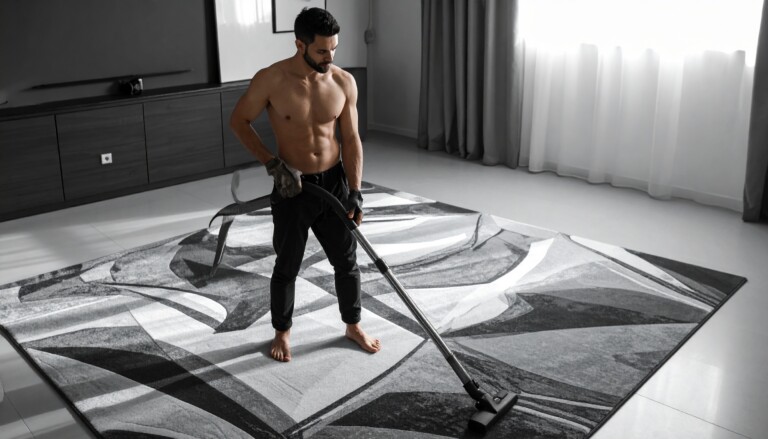 Shirtless man vacuuming a large patterned rug in a modern living room.