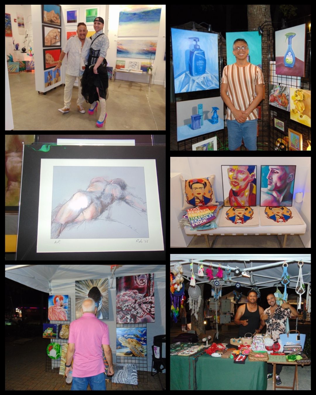Two men posing inside an art gallery with colorful paintings on display on white walls and stands.