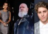 Triptych of celebrities: Kim Kardashian in a silver patterned dress with a small clutch, center: a bearded man in a studded leather jacket, right: a young man in a gray plaid suit.