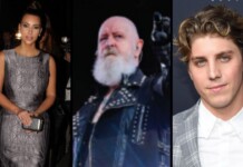Deep Inside Hollywood: Kim K Returns, Rising Stars Rise, and Metal Legends Roar Triptych of celebrities: Kim Kardashian in a silver patterned dress with a small clutch, center: a bearded man in a studded leather jacket, right: a young man in a gray plaid suit.