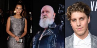 Triptych of celebrities: Kim Kardashian in a silver patterned dress with a small clutch, center: a bearded man in a studded leather jacket, right: a young man in a gray plaid suit.