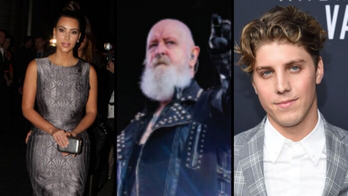 Triptych of celebrities: Kim Kardashian in a silver patterned dress with a small clutch, center: a bearded man in a studded leather jacket, right: a young man in a gray plaid suit.