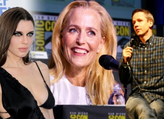 Deep Inside Hollywood: Slasher Obsessions, Queer Empires, and a 25-Year Inch Panel at Comic-Con featuring three speakers: a woman in a black dress on the left, a smiling blonde woman center, and a man in a plaid shirt speaking into a microphone on the right, with Comic-Con banners in the background.