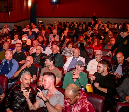 Large audience seated in red theater chairs in a dim auditorium, facing the stage/ screen.