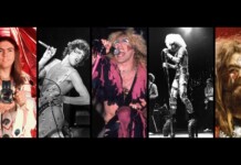 Five-rock performance collage: person with camera, guitarist, flamboyant singer, metal-clad singer, and face-painted rocker on stage left to right.