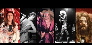 Five-rock performance collage: person with camera, guitarist, flamboyant singer, metal-clad singer, and face-painted rocker on stage left to right.