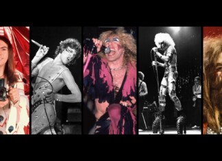 Five-rock performance collage: person with camera, guitarist, flamboyant singer, metal-clad singer, and face-painted rocker on stage left to right.