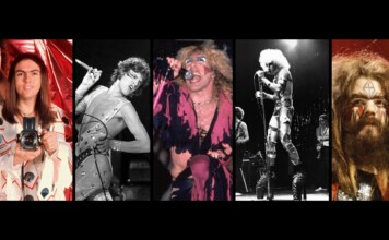 Five-rock performance collage: person with camera, guitarist, flamboyant singer, metal-clad singer, and face-painted rocker on stage left to right.