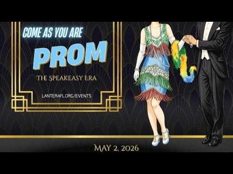 Prom poster featuring a dancing couple in 1920s speakeasy attire with the text 'Come as you are PROM' and the date May 2, 2026.
