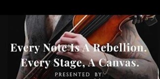 Promotional banner featuring a violinist with the slogan 'Every Note Is A Rebellion. Every Stage, A Canvas.' Presented by Miss Bouvée at Hunters Nightclubs.