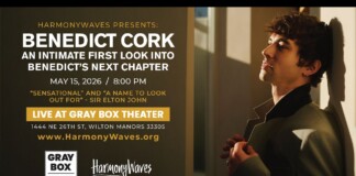 Promotional poster for Benedict Cork concert: May 15, 2026, 8:00 PM at Gray Box Theater, Wilton Manors, hosted by HarmonyWaves; includes website.