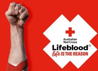 Raised fist with a red bandage on the forearm, set against a red background, next to the Lifeblood logo and the slogan 'Life is the reason'.