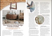 Spread from a design magazine about home design trends for 2026; left page features a vintage wooden dresser in a bright room with a laptop and papers, headline and subhead, while the right page shows color swatches and article text with a circular decor image.