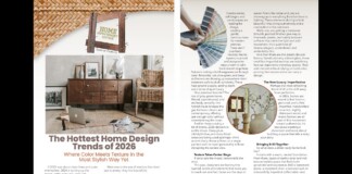 Spread from a design magazine about home design trends for 2026; left page features a vintage wooden dresser in a bright room with a laptop and papers, headline and subhead, while the right page shows color swatches and article text with a circular decor image.