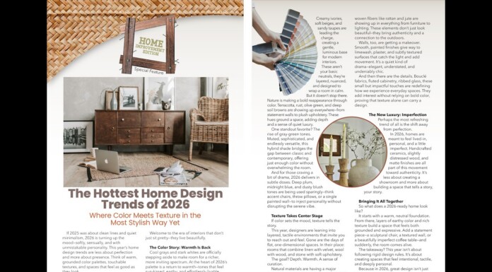 Spread from a design magazine about home design trends for 2026; left page features a vintage wooden dresser in a bright room with a laptop and papers, headline and subhead, while the right page shows color swatches and article text with a circular decor image.