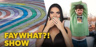 Thumbnail for 'FAY WHAT?! SHOW' featuring a surprised woman covering her mouth, a man in a green sweater posing on a rooftop, with a colorful rainbow path on the left and the show's date April 21, 2026.