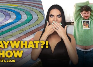 Thumbnail for 'FAY WHAT?! SHOW' featuring a surprised woman covering her mouth, a man in a green sweater posing on a rooftop, with a colorful rainbow path on the left and the show's date April 21, 2026.