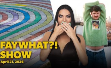 Thumbnail for 'FAY WHAT?! SHOW' featuring a surprised woman covering her mouth, a man in a green sweater posing on a rooftop, with a colorful rainbow path on the left and the show's date April 21, 2026.