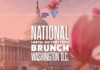 Poster-style banner for National LGBTQ+ Victory Fund Brunch in Washington, D.C., with the U.S. Capitol and pink blossoms in the foreground.