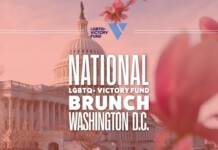 Poster-style banner for National LGBTQ+ Victory Fund Brunch in Washington, D.C., with the U.S. Capitol and pink blossoms in the foreground.