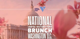 Poster-style banner for National LGBTQ+ Victory Fund Brunch in Washington, D.C., with the U.S. Capitol and pink blossoms in the foreground.