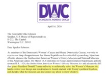 Letterhead from the Democratic Women’s Caucus with purple logo, date April 16, 2026, addressed to Speaker Mike Johnson; highlighted line about the Women’s Museum and presidential authority.