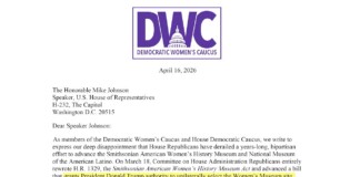 Letterhead from the Democratic Women’s Caucus with purple logo, date April 16, 2026, addressed to Speaker Mike Johnson; highlighted line about the Women’s Museum and presidential authority.
