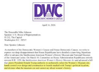 Letterhead from the Democratic Women’s Caucus with purple logo, date April 16, 2026, addressed to Speaker Mike Johnson; highlighted line about the Women’s Museum and presidential authority.