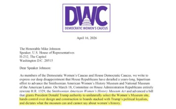 Letterhead from the Democratic Women’s Caucus with purple logo, date April 16, 2026, addressed to Speaker Mike Johnson; highlighted line about the Women’s Museum and presidential authority.