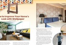 Magazine spread on wallpaper ideas, showing a living room with leafy wallpaper, a beige bedroom wall, and the title: How to Improve Your Home's Look with Wallpaper.