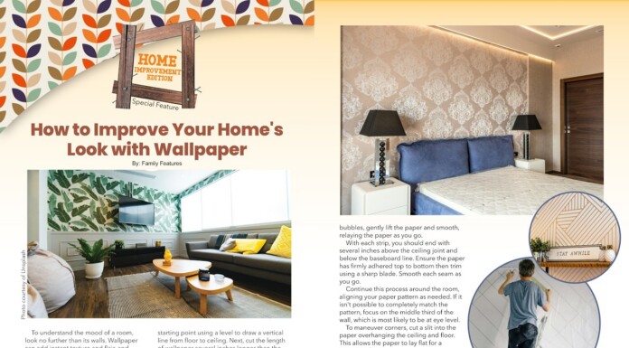 Hotspots Magazine’s Home Improvement Edition On How To Improve Your Home With Wallpapers Magazine spread on wallpaper ideas, showing a living room with leafy wallpaper, a beige bedroom wall, and the title: How to Improve Your Home's Look with Wallpaper.