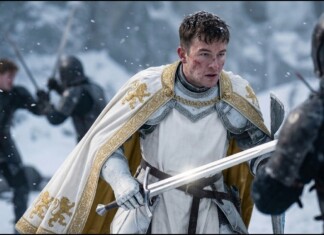 Knight in white armor with a gold-embroidered cape faces an opponent in a snowy battlefield, sword drawn.