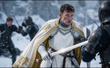 Knight in white armor with a gold-embroidered cape faces an opponent in a snowy battlefield, sword drawn.