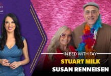 Thumbnail for the video 'In Bed with Fay' showing a woman in a blue dress on the left and a couple on the right against a pink backdrop; text reads 'STUART MILK' and 'SUSAN RENNEISEN'