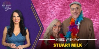 Thumbnail for the video 'In Bed with Fay' showing a woman in a blue dress on the left and a couple on the right against a pink backdrop; text reads 'STUART MILK' and 'SUSAN RENNEISEN'