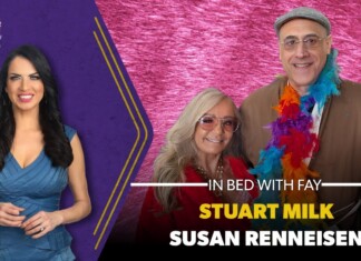 Thumbnail for the video 'In Bed with Fay' showing a woman in a blue dress on the left and a couple on the right against a pink backdrop; text reads 'STUART MILK' and 'SUSAN RENNEISEN'