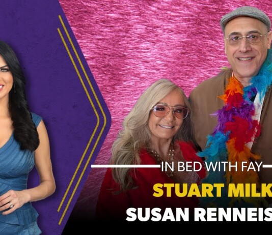 Thumbnail for the video 'In Bed with Fay' showing a woman in a blue dress on the left and a couple on the right against a pink backdrop; text reads 'STUART MILK' and 'SUSAN RENNEISEN'