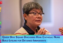 Speaker with short gray hair and glasses gesturing while talking; rainbow shapes along the left edge and a blue caption bar reading: 'Queer God Squad Discusses How Catholic Nuns Build Lifeline for Detained Immigrants.'