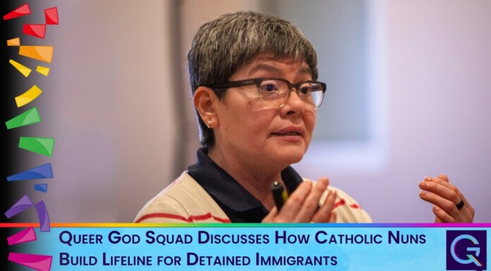 Speaker with short gray hair and glasses gesturing while talking; rainbow shapes along the left edge and a blue caption bar reading: 'Queer God Squad Discusses How Catholic Nuns Build Lifeline for Detained Immigrants.'
