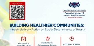 Event flyer for 'Building Healthier Communities' by FAU Health Administration with a QR code to register and event details (date, time, location).