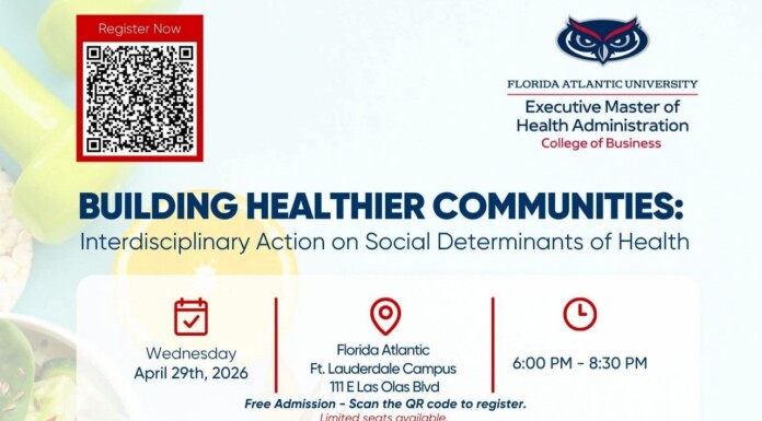 Conversation on Building Healthier Communities, April 29 Event flyer for 'Building Healthier Communities' by FAU Health Administration with a QR code to register and event details (date, time, location).