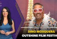 Promotional banner: woman in a blue dress on the left and a man in a colorful geometric shirt with pink sunglasses on the right, text reads 'In Bed with Fay' and 'Dino Mosquera Outshine Film Festival'.