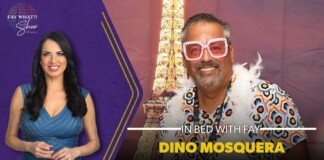 Promotional banner: woman in a blue dress on the left and a man in a colorful geometric shirt with pink sunglasses on the right, text reads 'In Bed with Fay' and 'Dino Mosquera Outshine Film Festival'.