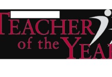 Logo for 'Teacher of the Year' award with red serif text on a black background, including abstract figure and a star.