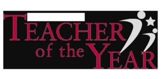 Logo for 'Teacher of the Year' award with red serif text on a black background, including abstract figure and a star.